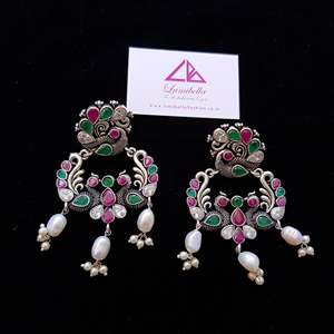 German Silver Peacock Style Chandelier Drop Earrings with Pearl and Diamond - Product Image 1