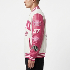 Pink Racing <b>Jacket</b> Custom Letterman <b>Jacket</b> Leather Sleeve Wool Bomber Streetwear Motorsport <b>Jacket</b> - Product Image 3