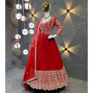 Salwar Kameez pour femmes, vêtements de fête, broderie en géorgette, travail de séquence, avec dupatta, rouge, Pishwas/Anarkali, viscose, lin, soie, rayonne - Product Image 5