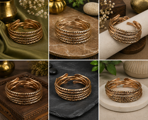 Holistic Hand-Chiseled Solid Copper <b>Torque</b> <b>Set</b> Oxidized Tribal Motif Health Wristband Wholesale - Product Image 2
