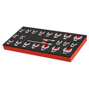 Set di chiavi a forcella da 3/8'' con attacco da 22 pezzi, metriche e SAE, in acciaio legato Cr-Mo, con vassoio portaoggetti, misure da 32mm e 13mm - Product Image 1