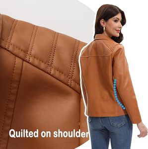 Women's Brown PU Leather Moto Jacket Full Sleeve Stand Collar <b>Zipper</b> Closure Short Length Autumn Style - Product Image 5