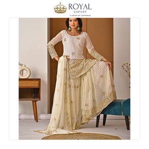 Suministro Directo de Fábrica: Traje Sharara de Seda Georgette Pesada con Dupatta de Georgette y Bordados, Estilo Indio - Product Image 2