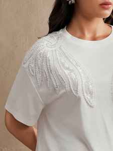 T-shirt décontracté d'été à col rond en coton blanc pour femme, broderie perlée motif animal chien, travail manuel, sequins, manches courtes - Product Image 3