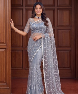 Sari de Boda Tradicional Indio con Diseño Étnico y Elegante, con Material de Red Pesada, Bordado y Lentejuelas, para Mujer, Estilo Moderno - Product Image 1