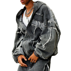 Fashionable Custom Oversized Distressed <b>Denim</b> Hoodie <b>Jacket</b> Vintage Washed Streetwear Unisex Heavyweight Zip Up Men's Hoodies - Product Image 5