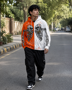 Sweat à capuche squelette orange et blanc personnalisé pour homme, style gothique, broderie strass, fermeture éclair, streetwear tendance - Product Image 4