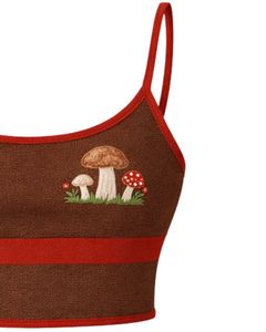 Brown Red Women Camisole And Shorts <b>Set</b> Summer Two Piece Outfit Cotton Blend Crop Top Mushroom Print Drawstring Shorts Casual - Product Image 3