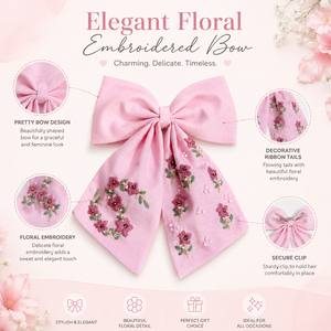Lazo para el Cabello de Tela Bordada Rosa con Detalles Florales, Pinza Decorativa para el Cabello con Cinta para Niñas y Mujeres - Product Image 6