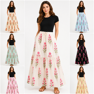 Ensemble jupe longue évasée à volants et haut en coton décontracté pour femme, motif floral, de haute qualité, écologique, style bohème, deux pièces, tenue de détente - Product Image 2