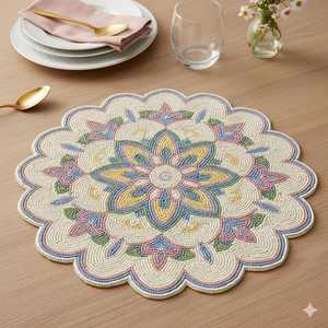 Pastel Floral HandBeaded Round <b>Placemat</b> Cream Pink <b>Gold</b> Table Decor - Product Image 2