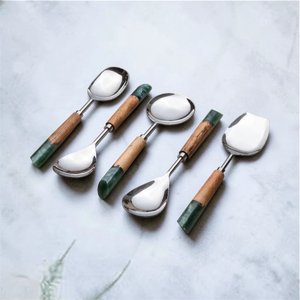 Minimalist Serving Spoon Set Wood Handle <b>Mirror</b> Finish Silver Plated Durable Kitchen Utensils - Product Image 6