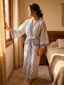 Blue White Printed Cotton <b>Kimono</b> Robe 100 Percent Cotton Boho Style With Stripe Design <b>Belt</b> Premium Bulk Spa And Hotel Robes - Product Image 3