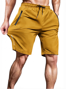 Shorts de sport pour hommes avec poches zippées, couleur moutarde, pour la gym, la course, séchage rapide, respirant, taille élastique, entraînement fitness - Product Image 1