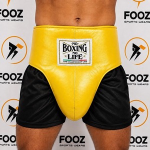 Professional Boxing Shorts with Brown Protective Groin Pad <b>Black</b> Side Panels for Training Sparring and Ring Competition - Product Image 2