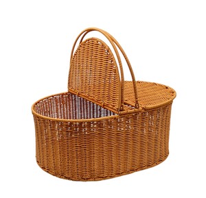 Coffre en osier de style campagnard classique avec deux poignées pivotantes, panier de pique-nique en rotin avec double couvercle, boîte de rangement alimentaire ovale profonde - Product Image 1