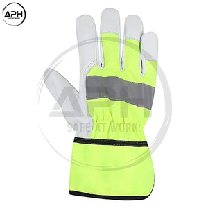 High Visibility Yellow Fabric Split Cowhide Leather <b>Rigger</b> <b>Gloves</b> Reflective Strip Extended Cuff Heavy Duty Work Hand <b>Gloves</b> - Product Image 3