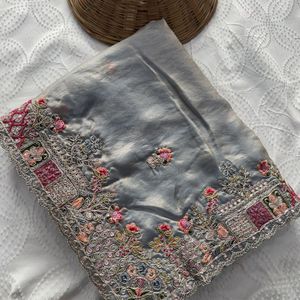 Sari de seda pura con bordado C Pallu, diseño elegante con borde calado, de Royal Export - Product Image 6