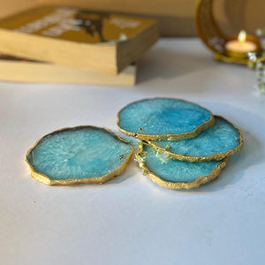 Ensemble de dessous-de-verre en tranche d'agate bleue avec bordure dorée électroplaquée, en cristal de géode turquoise, pour la protection de la table, pierre de cristal - Product Image 6