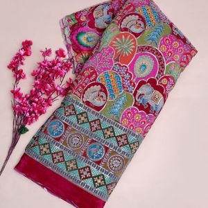 Exquisita Tela Crepé Ligera de 54 Pulgadas con Bordado de Lentejuelas en Tonos Magenta Baya, Elefante y Pavo Real, Material para Kurti - Product Image 2