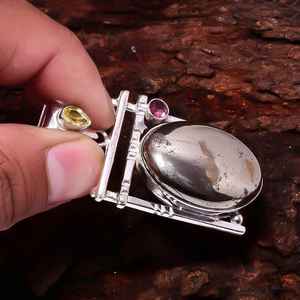 Pyrite <b>Pendant</b> With <b>Citrine</b> And Pink Tourmaline Natural Golden Pyrite Oval 925 Sterling Silver Handmade Statement Necklace - Product Image 2