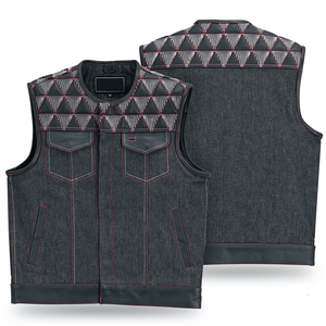 Premium Men's Black Denim Motorcycle Vest Leather Patchwork Biker Waistcoat <b>Punk</b> Streetwear Embroidery Sleeveless Denim <b>Jacket</b> - Product Image 6