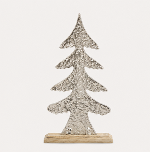 Textured Silver Aluminum Christmas <b>Tree</b> Sculpture on Natural Wood Base Modern <b>Tabletop</b> Xmas Decoration For Festive Home & Office - Product Image 3