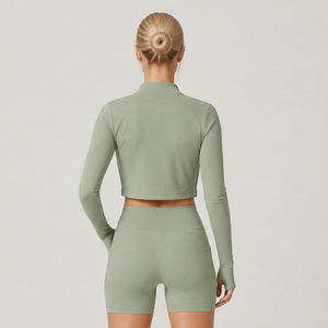 Green 3-Piece Yoga Set With Crop <b>Top</b> High Waist Shorts <b>Zipper</b> Jacket Seamless Breathable Full Sleeve Design - Product Image 2