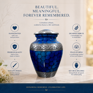 Handcrafted Blue Cremation Urn for Human Ashes - Elegant Metal <b>Memorial</b> Funeral <b>Keepsake</b> with Secure Lid & Detailed Silver Leaf - Product Image 5