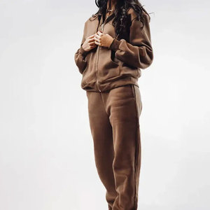 Wholesale <b>Women</b> Heavyweight Brown Tracksuit Zip Up Hoodie and <b>Joggers</b> Casual Oversized <b>Fleece</b> Sweatpants Matching Set - Product Image 6