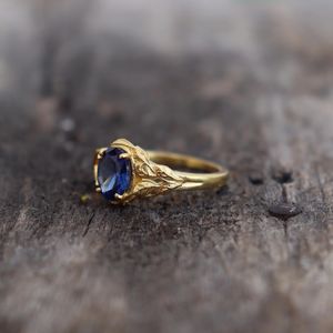 Oval Blue Sapphire Engagement Ring Nature Inspired <b>Tree</b> Ring IGI Certified Luxury 925 Sterling Silver 14K Gold Plated - Product Image 2