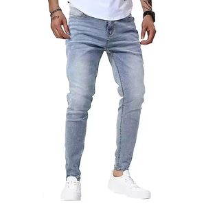Jean en denim délavé coupe droite taille mi-haute pour homme 100 % coton décontracté bleu délavé avec braguette boutonnée style automne poids moyen - Product Image 3
