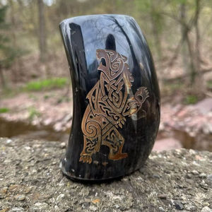 Polished Buffalo Horn Drinking <b>Mug</b> with Viking Bear Engraving Handle Outdoor Traditional Design Eco-Friendly Drinkware - Product Image 3