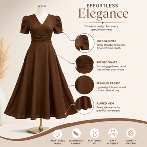 Vestido maxi marrón con cuello en V y mangas abullonadas para mujer |   Falda de Cintura Natural con Dobladillo Acampanado, Mezcla de Poliéster Ecológica, Estilo Casual, Vintage, para Fiesta - Product Image 5