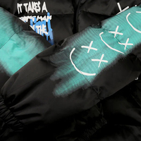 Blouson matelassé noir pour homme, col montant, fermeture éclair, coupe-vent, en polyester épais, style streetwear, coupe ample, imprimé lettres sur le devant
