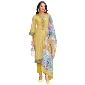 Women's Straight <b>Linen</b> Floral Embroidered Kurta Pant with Dupatta Set - Product Image 1