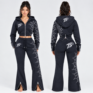 Women's 2 Piece Polyester/Cotton Loose Fit Tracksuit Set <b>Cropped</b> Zip Hoodie Wide Leg Sweatpants Side Stripe Sporty <b>Jogger</b> Black - Product Image 3