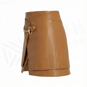 Women High Waist Leather <b>Wrap</b> Mini <b>Skirt</b> With Belt Buckle Design Solid Color All Seasons Style - Product Image 3