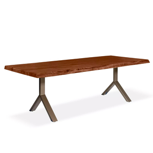 Table de salle à manger authentique de style américain en bois d'acacia massif à bord naturel avec finition noyer et base en laiton simple et durable - Product Image 1