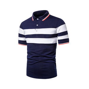 Polo homme bleu marine à rayures, manches courtes, tricoté, décontracté, avec bordure blanche et rouge. - Product Image 2