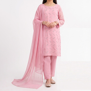 Robe Shalwar Kurta en Chiffon Brodé 100% Pur, Ourlet Droit, Style Pakistanais, pour Soirée et Tenue Décontractée - Product Image 1