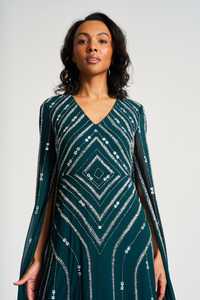 Vestido de Noche Verde Esmeralda con Lentejuelas y Cuentas, Cuello en V, Manga Capa, Corte A, Largo hasta el Suelo, Estilo Imperio Geométrico, Logotipo Frontal, Transpirable - Product Image 6