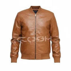 Veste en cuir marron de haute qualité, effet croco, style bomber zippé, texture marron, veste décontractée de luxe - Product Image 1