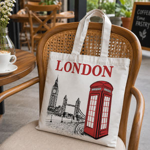 Bolsa de Mano de Lona de Algodón con Estampado de Londres |   Bolsa de Compras Reutilizable Ecológica, Bolsa de Mano Promocional Personalizada con Asas Largas - Product Image 4