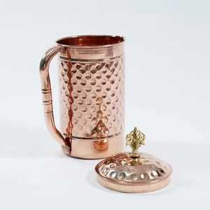 Lidded Pure Copper Water Jug Handcrafted Metal <b>Beverage</b> <b>Dispenser</b> Server Table Drinkware Pot - Product Image 2
