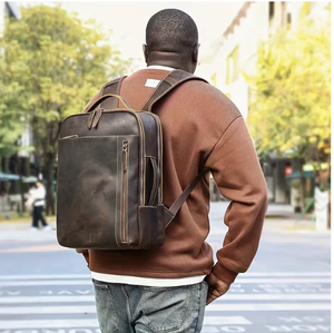 Leather <b>Backpack</b> Dark <b>Brown</b> Vintage Style Multi Pocket Design Men Women Daily Use Travel Bag waterproof style leather <b>backpack</b> - Product Image 3