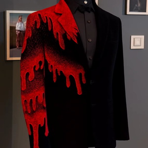 Blazer Negro de Diseñador para Hombre con Patrón de Goteo Rojo – Chaqueta Elegante de Corte Ajustado para Fiesta, Boda, Novio y Ropa de Noche - Product Image 1