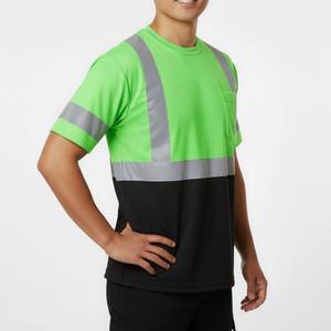 Men's Hi Visibility Reflective Work <b>T</b>-<b>Shirt</b> Green <b>Black</b> Polyester Safety <b>Shirt</b> with Pockets and Stripes - Product Image 3