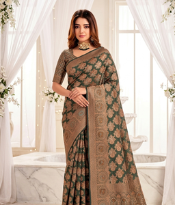 Sari traditionnel vert or en mousseline de soie et organza pour femme, tenue de mariage, longueur au sol, coupe classique, style indien pakistanais, avec paillettes - Product Image 1