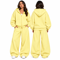 Ensemble survêtement rose à capuche pour femme, pantalon large et sweat-shirt oversize zippé, deux pièces, tenue décontractée streetwear